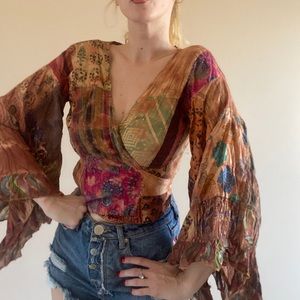 Patchwork boho bell sleeve top